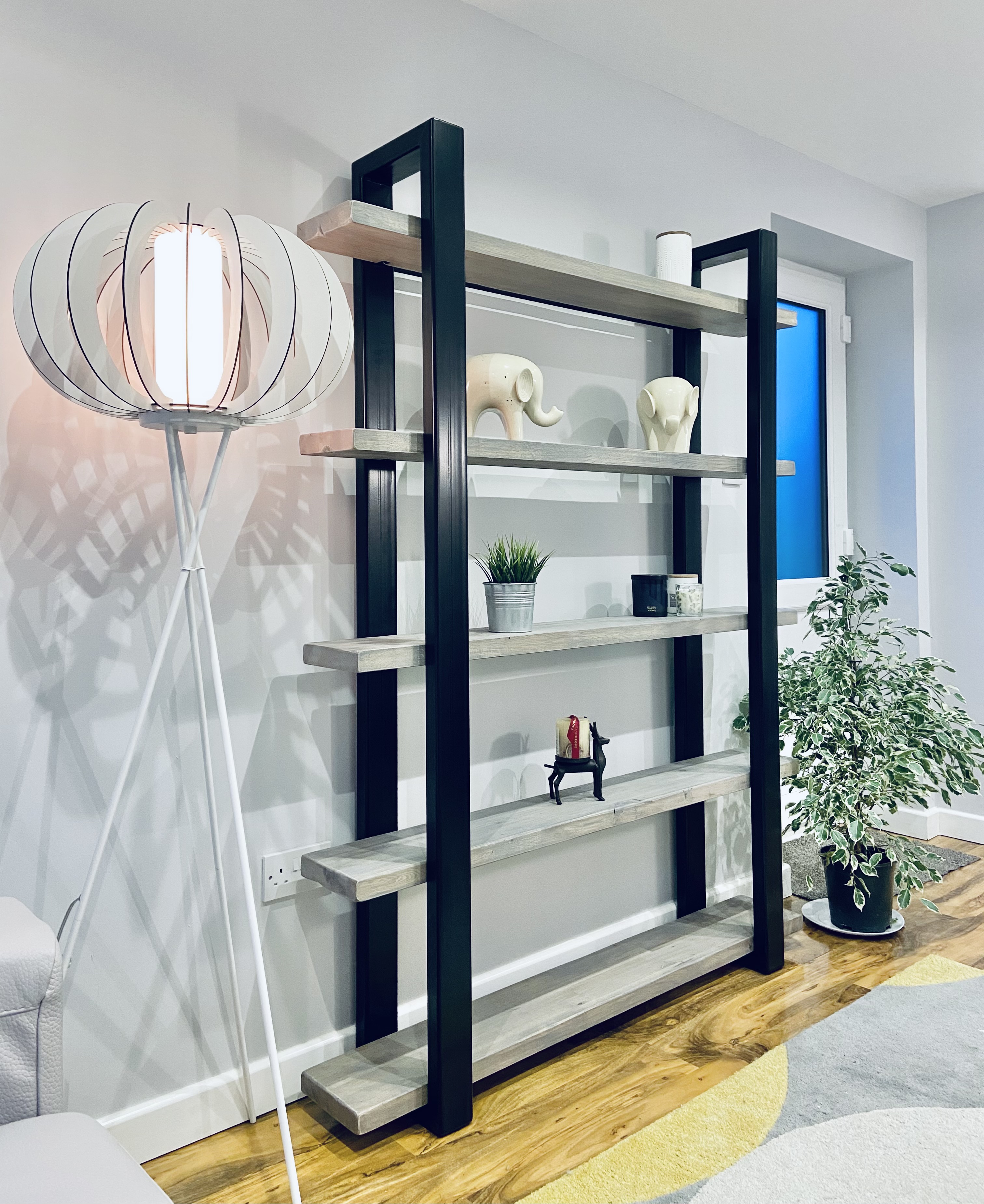 Custom made oak and steel display shelving unit